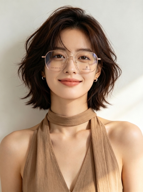 将图中的玫瑰金多边形眼镜给女生戴上，保持女生原本的短发发型、妆容、穿搭和整体光影效果不变，自然融合不突兀，保留原图整体风格预览效果