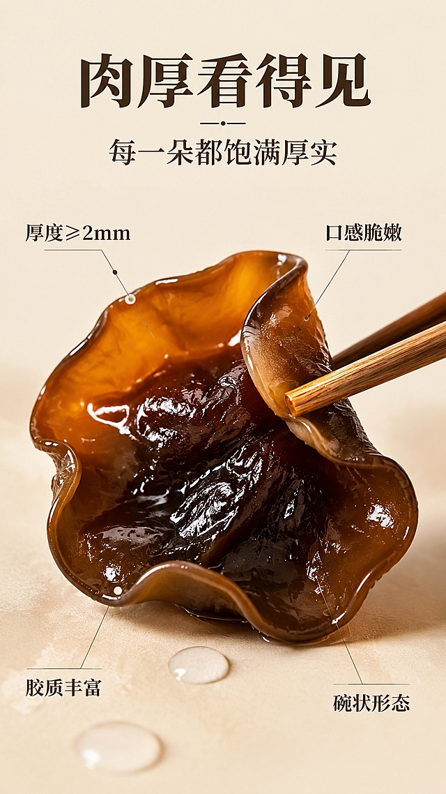 [第3屏] 详情页质地特写屏-东北长白山黑木耳口感与质地微距展示。本屏使用【图1】作为商品主体，放大局部做质地特写。
[氛围/风格] 极致微距美食摄影，水润通透质感，高级食材特写风。
[元素布局] 画面中心为一朵泡发后的黑木耳超大特写，占比约70%；清晰展示木耳内壁的褶皱纹理、边缘的波浪卷曲、表面的水润光泽和饱满厚度；旁边用筷子轻轻夹起一角，展示弹性和厚度；背景虚化的浅米色台面，散落2-3滴清水。
[光影质感] 侧上方柔光打亮木耳边缘形成透光感，内壁褶皱有明暗层次，表面水珠晶莹反光，整体通透有质感。
[配色色系] 全局底色 #F0E6D2（浅奶咖）；主色木耳深褐黑+琥珀色透光；辅助色浅米背景；点缀色清水透明反光。
[视角构图] 正面微距平视，木耳占据画面中心偏上，阅读动线中心主体 → 四周卖点引线。
[文字版式] 版式为中心主体 + 四周引线卖点。顶部主标题「肉厚看得见」，副标题「每一朵都饱满厚实」；从木耳向四周引出4条标注线：左上「厚度≥2mm」、右上「口感脆嫩」、左下「胶质丰富」、右下「碗状形态」；文字为温润宋体深褐色，清晰可读。
[比例分辨率] 9:16 竖版比例，4K分辨率，文字清晰可辨，高清画质。
[负向提示词] 木耳变形，颜色偏差，结构错误，水印，文字错乱，产品模糊。