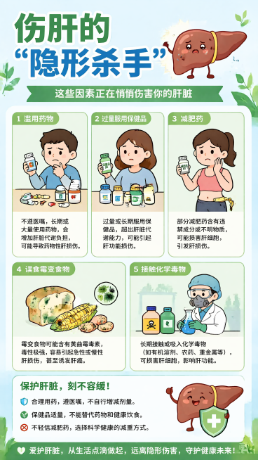 「图片1」「图片1」「图片1」生成海报 增加 伤肝的“隐形杀手” 滥用药物 过量服用保健品 减肥药 误食霉变食物 接触化学毒物预览效果