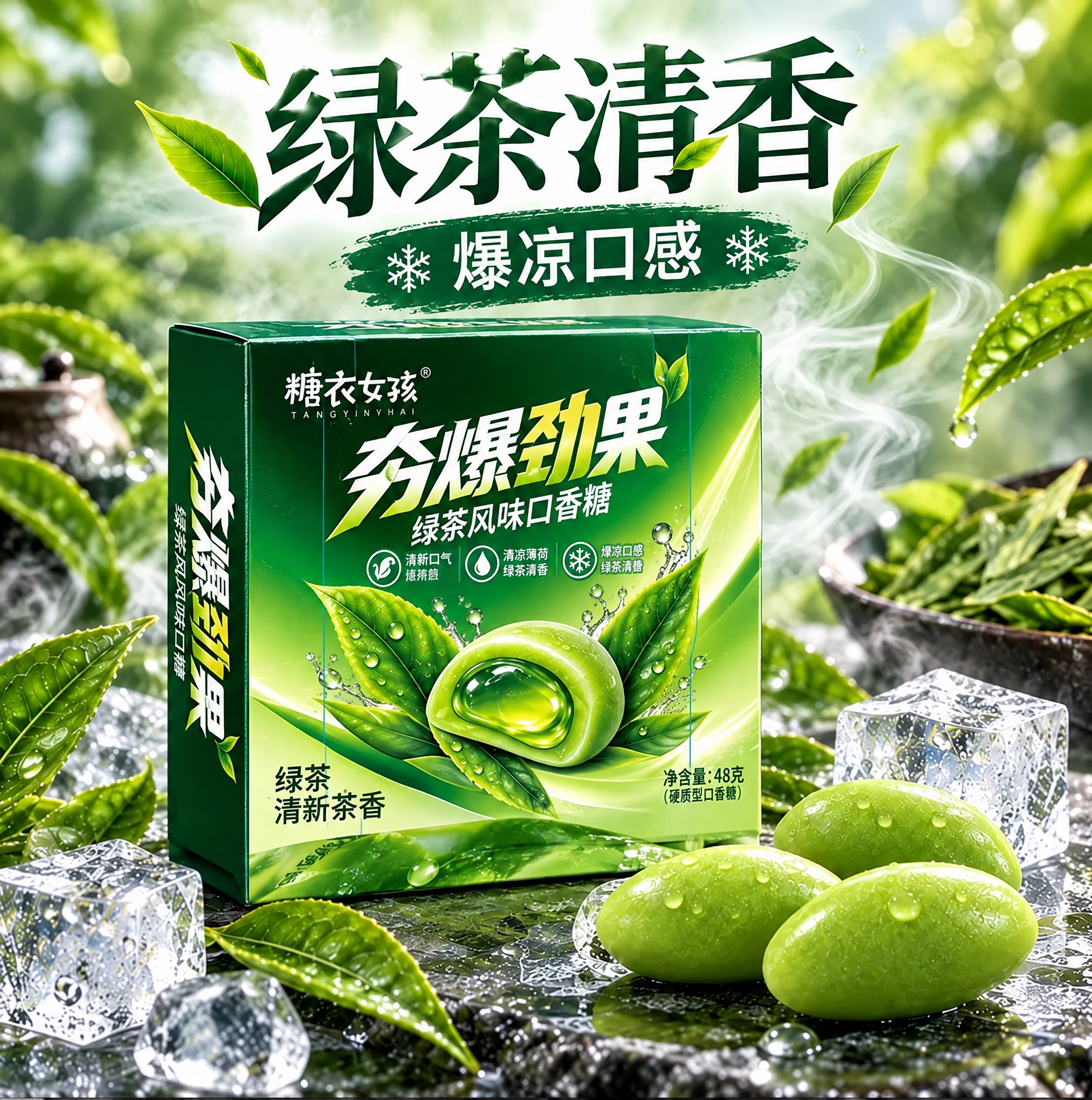 将第一张图中的口香糖盒子包装替换为第二张图的包装设计，保持盒子… - 图片创意预览