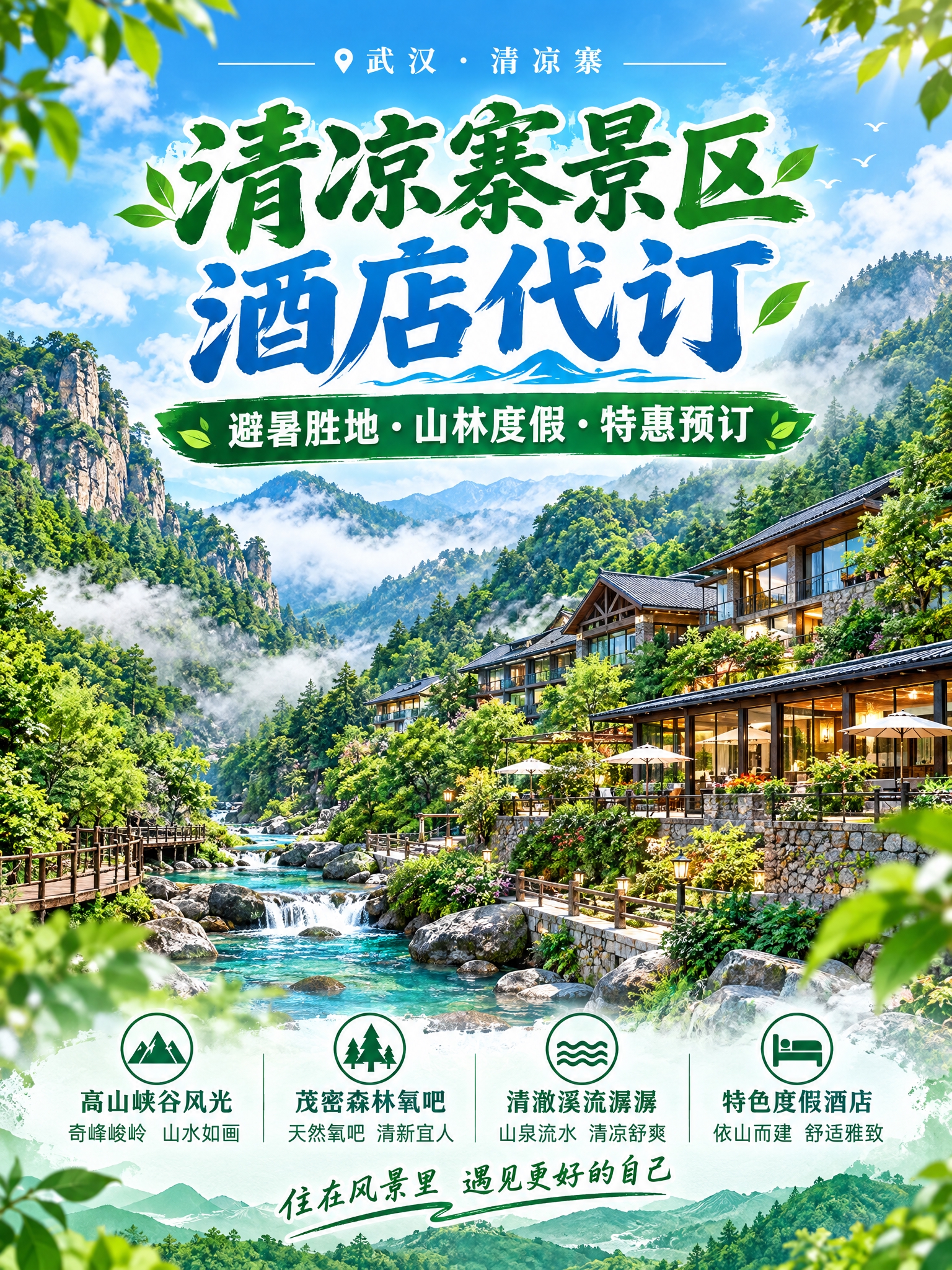 清凉寨景区酒店代订宣传图，画面展现武汉清凉寨景区的自然风光，高… - 图片创意预览
