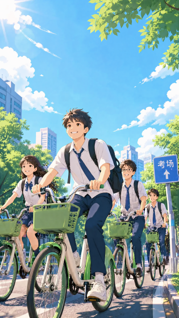 修改为多个学生一起骑公共自行车奔赴考场，保留晴朗城市街道、绿树蓝天的动画风格背景，保持整体构图和9:16比例，画面和谐自然预览效果