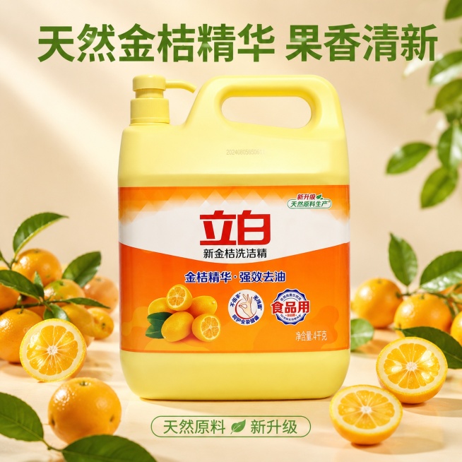 [主图-3] 立白新金桔洗洁精金桔精华成分展示主图。[氛围风格] 天然清新，干净通透，突出天然成分。[画质] 商业摄影质感，细节清晰，光线清新明亮。[元素] 产品居中放置，周围散落多颗完整新鲜金桔和切预览效果