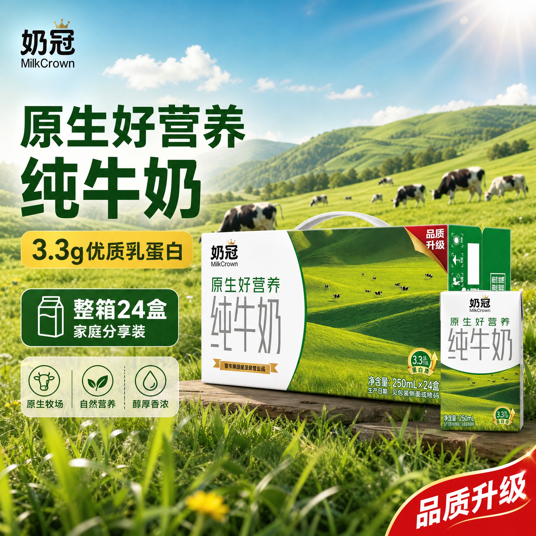 [主图-1] 首图点击率图，突出奶冠纯牛奶整箱产品的原生牧场品… - 图片创意预览