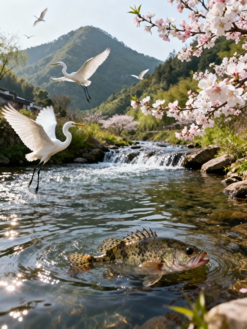 西塞山前白鹭飞，桃花流水鳜鱼肥,根据这句诗生成一幅真实场景。预览效果