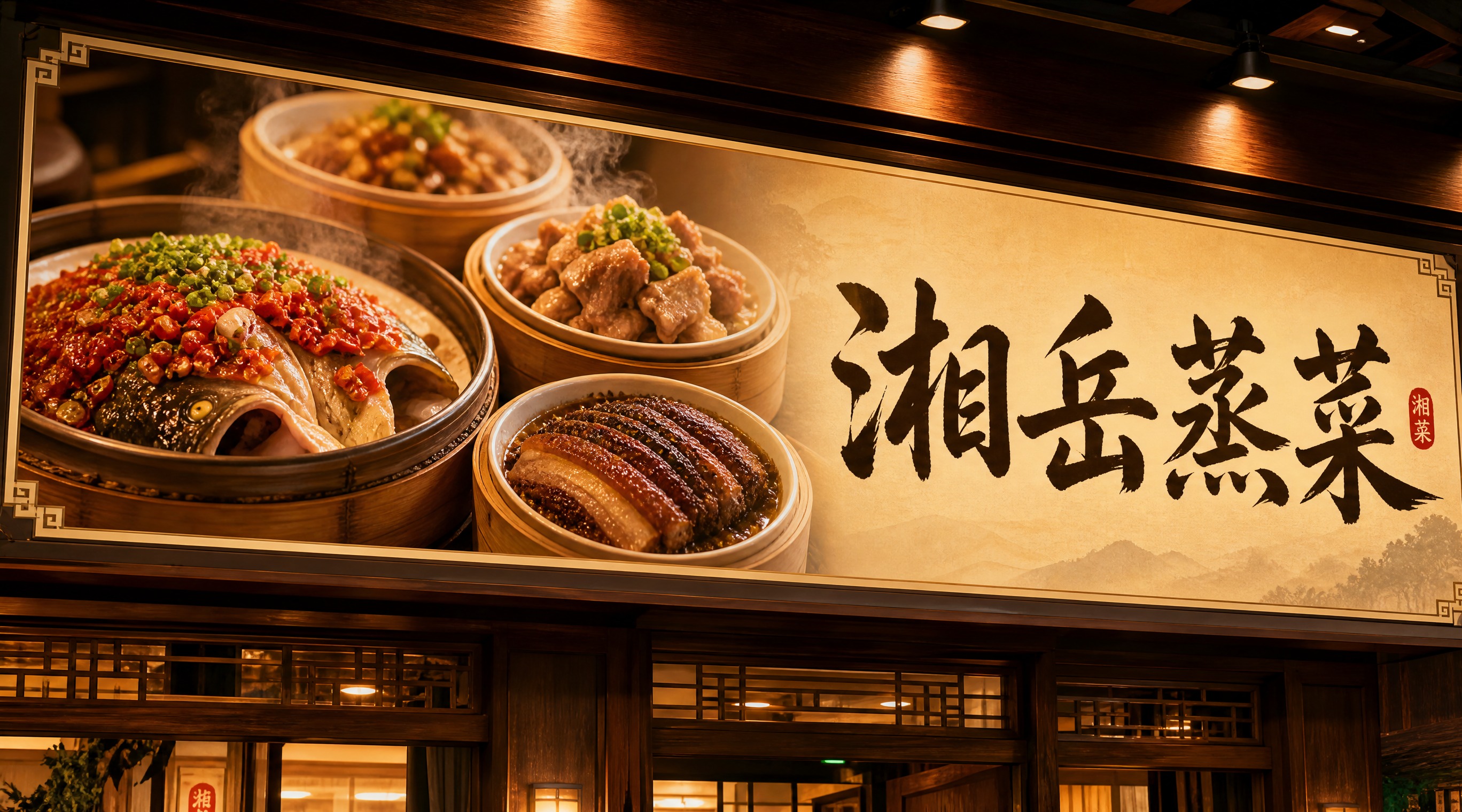 湘岳蒸菜馆店招设计，真实风格，横版构图，画面左侧是热气腾腾的湖… - 图片创意预览