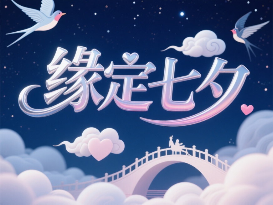 立体浮雕文字"缘定七夕"，穿插爱心云纹与鹊桥剪影，银粉渐变配色，深蓝夜空背景。预览效果