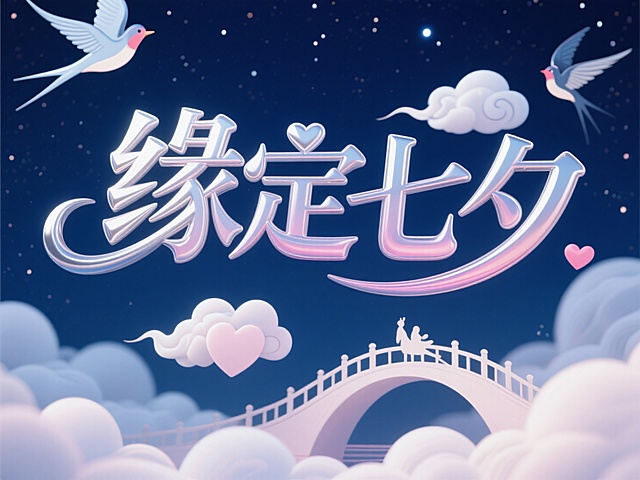 立体浮雕文字"缘定七夕"，穿插爱心云纹与鹊桥剪影，银粉渐变配色，深蓝夜空背景。