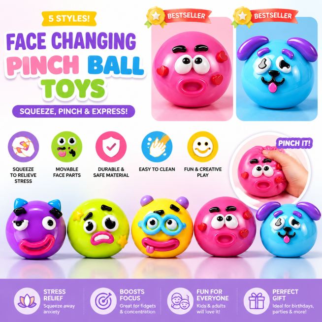 e-commerce main image for 5 styles of face changing pinch ball toys, the top two are marked as bests预览效果