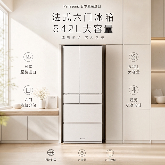 [单张主图] 日本原装进口松下542升法式六门冰箱（白色款）高级氛围感电商主图，路线判断为高级氛围感主图，主图目标是突出白色冰箱简约日系质感、日本原装进口品质与542升大容量法式六门设计，传递高端家电专业靠谱印象。
[画面主体] 一台纯白色磨砂哑光面板的法式六门冰箱，正面微侧15度视角，产品占画面约55%，居中偏下放置。冰箱上层为对开门设计，中间两层小抽屉，最下层两大抽屉，共六门结构，外观、结构、颜色与用户提供的产品图完全一致。冰箱正面下方有Panasonic品牌Logo，颜色与位置保持与原图一致。冰箱表面有细腻的哑光磨砂质感，边缘线条简洁利落，整体修长优雅。
[构图版式] 采用中轴诗意氛围型版式，顶部居中品牌位，产品居中略偏下，底部用真实厨房台面承托，左右两侧留白放卖点，整体浅色留白高级静物摄影感。
[场景元素] 背景为日式极简厨房场景，米白色整体橱柜，浅木色台面，冰箱嵌入橱柜中左右缝隙均匀，体现嵌入效果。冰箱左侧台面上有简约日式厨房道具：一个白色陶瓷碗，一小束白色满天星干花，一本米色封面的料理书，道具极少且不抢镜。背景有柔和的窗光从左侧洒入，墙面为米白色，地面为浅原木色地板。冰箱底部有自然柔和的地面投影。背景轻微虚化突出冰箱主体。整体场景干净、明亮、有日式生活气息但不杂乱。
[文案版式] 顶部居中品牌位小字「Panasonic 日本原装进口」，产品上方居中主标题分两行大字「法式六门冰箱」「542L大容量」，主标题下方副标题小字「纯白简约 嵌入之美」。左右两侧各竖排两组短卖点：左侧「日本原装进口」「六门精细分储」，右侧「542L大容量」「超薄机身设计」。底部居中三个细线图标+短文案横向排列：「原装进口」「大容量」「六门分储」。文字均为现代无衬线细体，字重克制，靠留白与对齐分层级，全部放在负空间，不遮挡冰箱主体。
[光影质感] 自然光从左侧窗户斜射进入，柔和均匀，冰箱左侧有细腻高光，右侧自然过渡到暗部，哑光面板有微弱环境反射。冰箱底部有柔和虚化的接触阴影，厨房场景有自然的明暗层次，浅景深效果让背景轻微虚化突出冰箱主体。整体光影柔和高级，无硬光无过曝。
[配色字体] 主色为纯白+米白+浅木色的低饱和日系配色，辅助色为浅灰，强调点缀用极淡的暖米色。字体为现代无衬线细体，主标题字重中等，辅助文字更细更浅，字号层级分明但不夸张。
[比例分辨率] 1:1正方形比例，2K高清分辨率，文字清晰可辨，产品细节锐利。
[负向提示词] 变形、错字、糊字、水印、伪Logo、主体遮挡、背景杂乱、低清晰度、冰箱结构错误、颜色偏差、悬浮、穿模、廉价塑料感、过曝、强描边、过度锐化、灰色冰箱。
