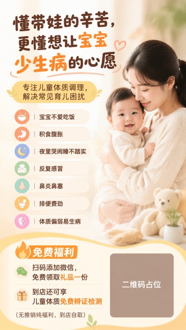 温暖柔和母婴风儿童体质调理服务海报，9:16竖版，主标题"懂带娃的辛苦，更懂想让宝宝少生病的心愿"，副标题"专注儿童体质调理，解决常见育儿困扰"，列出宝宝常见问题：宝宝不爱吃饭｜积食腹胀｜夜里哭闹睡不预览效果