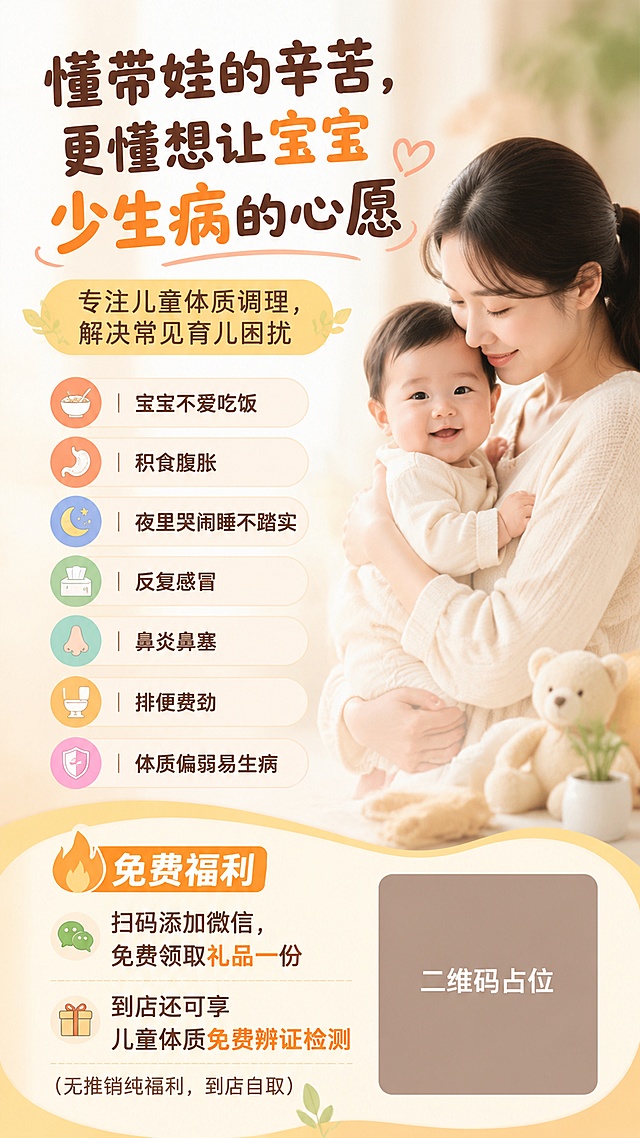 温暖柔和母婴风儿童体质调理服务海报，9:16竖版，主标题"懂带娃的辛苦，更懂想让宝宝少生病的心愿"，副标题"专注儿童体质调理，解决常见育儿困扰"，列出宝宝常见问题：宝宝不爱吃饭｜积食腹胀｜夜里哭闹睡不踏实 反复感冒｜鼻炎鼻塞｜排便费劲｜体质偏弱易生病，下方标注福利文案"🔥免费福利 扫码添加微信，免费领取礼品一份 到店还可享儿童体质免费辨证检测 （无推销纯福利，到店自取）"，右下角二维码区域使用纯色方块占位符呈现，方块中央标注"二维码占位"文字，严禁生成任何可识别的二维码图案，画面所有文字必须清晰可读，精确渲染，整体色调温馨柔和，背景柔和明亮，版式精美，层级清晰，温暖治愈的母婴氛围，超高清画质