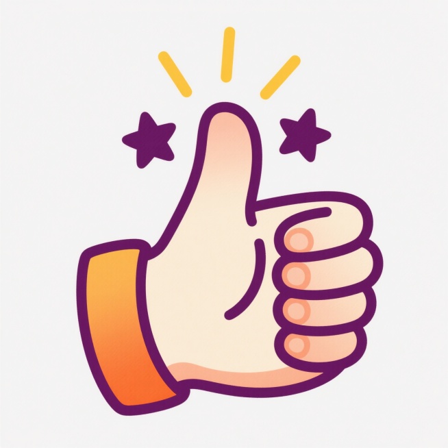 手绘风格插画，一只竖起的卡通风格大拇指，手掌和手臂为米白色，带有渐变的暖橙色阴影，轮廓用深紫色粗线条勾勒，手指关节处有圆润的高光，拇指上方有三个黄色的放射状星形光芒和两颗深紫色五角星装饰，整体线条流畅圆润，色彩明快，充满积极向上的感觉，白色背景，无文字和二维码。预览效果