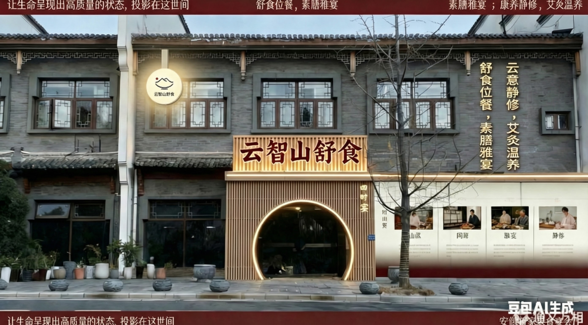 左上角的logo灯箱，与上方屋檐有一根短短的中等粗细的方形金属管连接，金属管也是米白色，也就是说，这个logo灯箱是挂在屋檐下的。所以只把logo灯箱和上方屋檐做链接，其他的部分保持原样不变，logo预览效果
