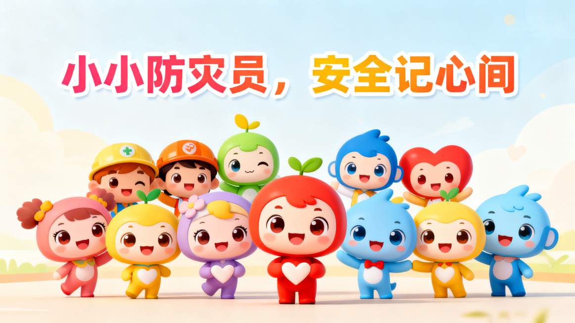 小学生地质灾害科普PPT结尾页，卡通风格，口号为"小小防灾员，安全记心间"，搭配全体吉祥物比心合影的画面预览效果