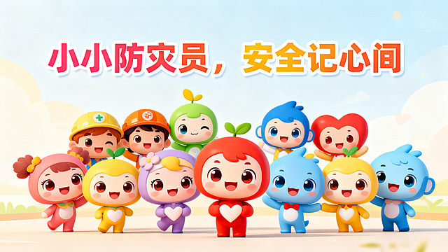 小学生地质灾害科普PPT结尾页，卡通风格，口号为"小小防灾员，安全记心间"，搭配全体吉祥物比心合影的画面