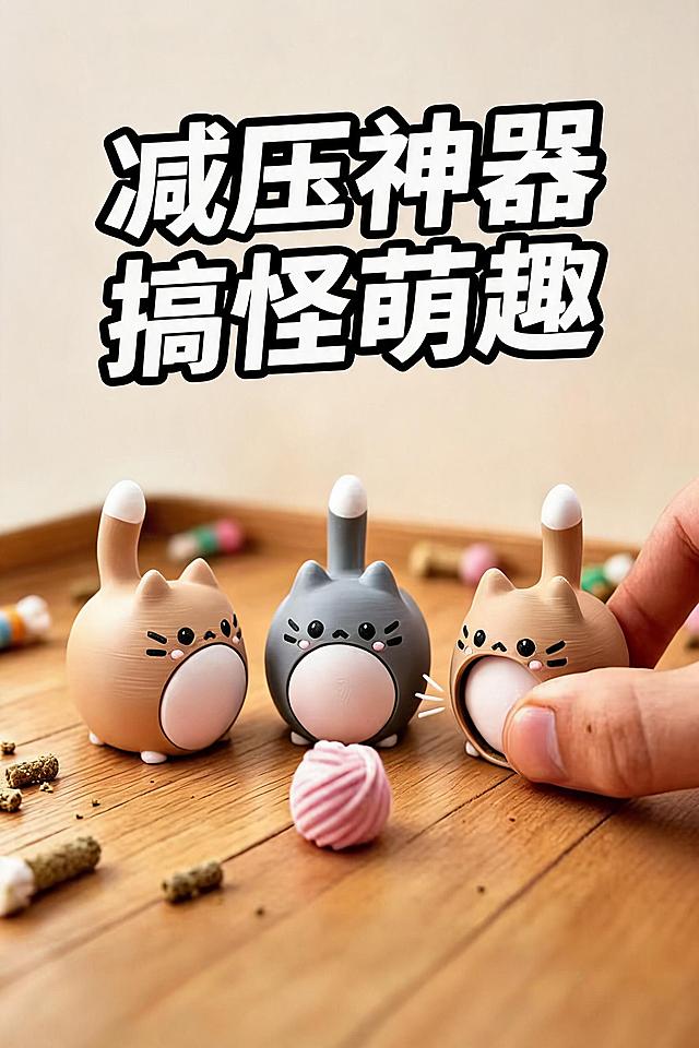 跨境电商主图，解压玩具猫咪屁屁造型摆件，创意搞怪造型卖点展示，结合趣味文案“减压神器 搞怪萌趣”，图文结合主图设计，2:3主图构图，清晰美观