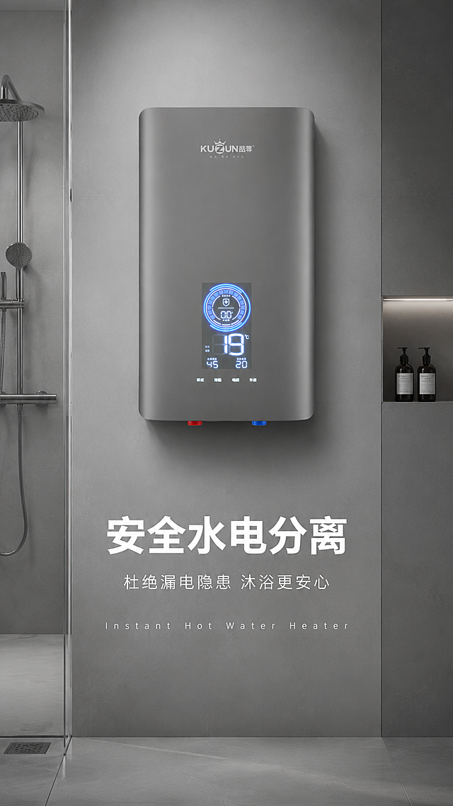 [模块-2]淘宝主图，核心卖点-水电分离安全即热式热水器。[氛围/风格]简约科技风，高级灰色系，商业摄影质感。[画面元素]保留原图中即热式热水器完整外观和灰色机身，将产品放置在浅灰色简约淋浴房背景中，产品主体偏上位置，下方预留卖点文字区域，产品结构颜色质感和原图保持一致。背景是干净简洁的灰色卫浴空间。[光影质感]主光源从正面照亮产品，柔和阴影，清晰突出产品质感，整体画面干净高级。[配色色系]全局底色#8C8C8C，主体配色#8C8C8C + #4194FF，文字为白色。[视角构图]正面平视，产品主体居中偏上。[文字版式]顶部大标题 “安全水电分离”，白色粗体无衬线字体，字号占画面宽度10%；下方小标题 “杜绝漏电隐患 沐浴更安心”，白色细体，字号为大标题35%；底部小字装饰 “Instant Hot Water Heater” 英文，白色，字距加宽，字号为大标题25%。整体居中对齐，文字不遮挡产品主体。[比例分辨率]9:16，1080宽度，1920高度，2K分辨率，文字清晰可辨，超高清。[负向提示词]产品变形，颜色偏差，文字错乱，水印，背景杂乱。