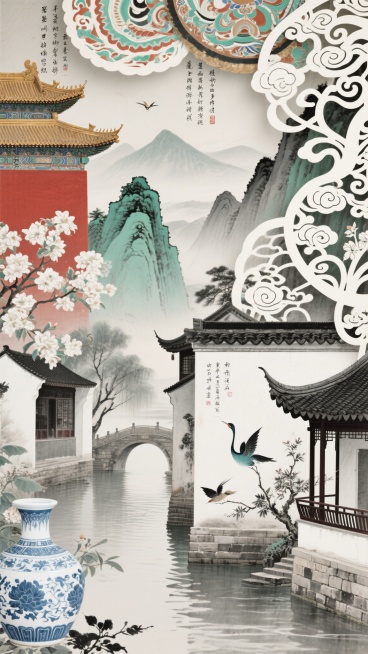 中国风背景，融合多种不同传统风格：水墨写意的朦胧意境、工笔重彩的细腻笔触、青绿山水的典雅韵味、剪纸艺术的镂空层次感；运用多样化色彩搭配：水墨黑白灰的雅致、故宫红墙金瓦的庄重、青花瓷的青白相映、敦煌壁画的绚丽多彩、江南水乡的青灰瓦白墙；呈现丰富样式变化：远山近水的经典构图、亭台楼阁的建筑元素、花鸟鱼虫的自然意象、祥云瑞纹的吉祥图案、古典诗词的文字装饰，整体画面营造出宁静悠远、意境空灵的东方美学氛……预览效果