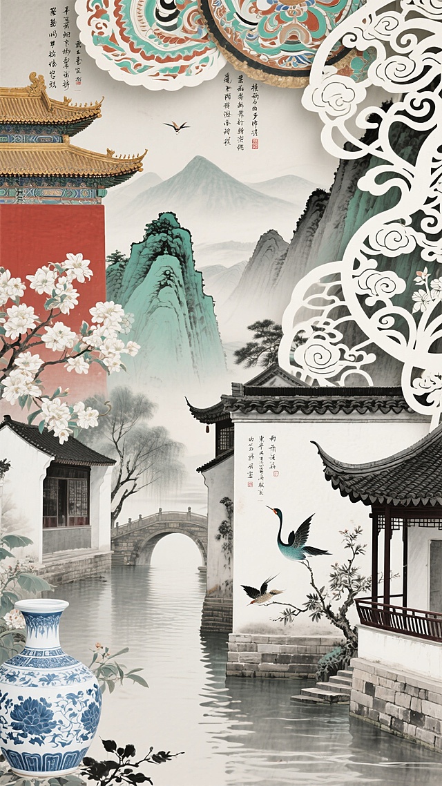 中国风背景，融合多种不同传统风格：水墨写意的朦胧意境、工笔重彩的细腻笔触、青绿山水的典雅韵味、剪纸艺术的镂空层次感；运用多样化色彩搭配：水墨黑白灰的雅致、故宫红墙金瓦的庄重、青花瓷的青白相映、敦煌壁画的绚丽多彩、江南水乡的青灰瓦白墙；呈现丰富样式变化：远山近水的经典构图、亭台楼阁的建筑元素、花鸟鱼虫的自然意象、祥云瑞纹的吉祥图案、古典诗词的文字装饰，整体画面营造出宁静悠远、意境空灵的东方美学氛围，色彩过渡自然和谐，细节丰富且具有浓厚的传统文化底蕴。