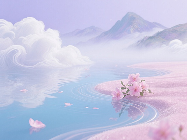 莫奈油画风格，白色的云与流动丝滑的雾境交融，清澈的浅蓝色水面旁绽放着粉色花朵，花瓣轻盈飘落，水清澈见底，远处山峦若隐若现，融入国风素材，整体以浅紫色和粉色为高级配色，夏日蓝粉色彩交织，兼具高科技流沙质感与东方美学，极简构图，蜿蜒曲线，符合中国画留白意境，油画笔触细腻，柔光扩散，高端优雅，层次感强