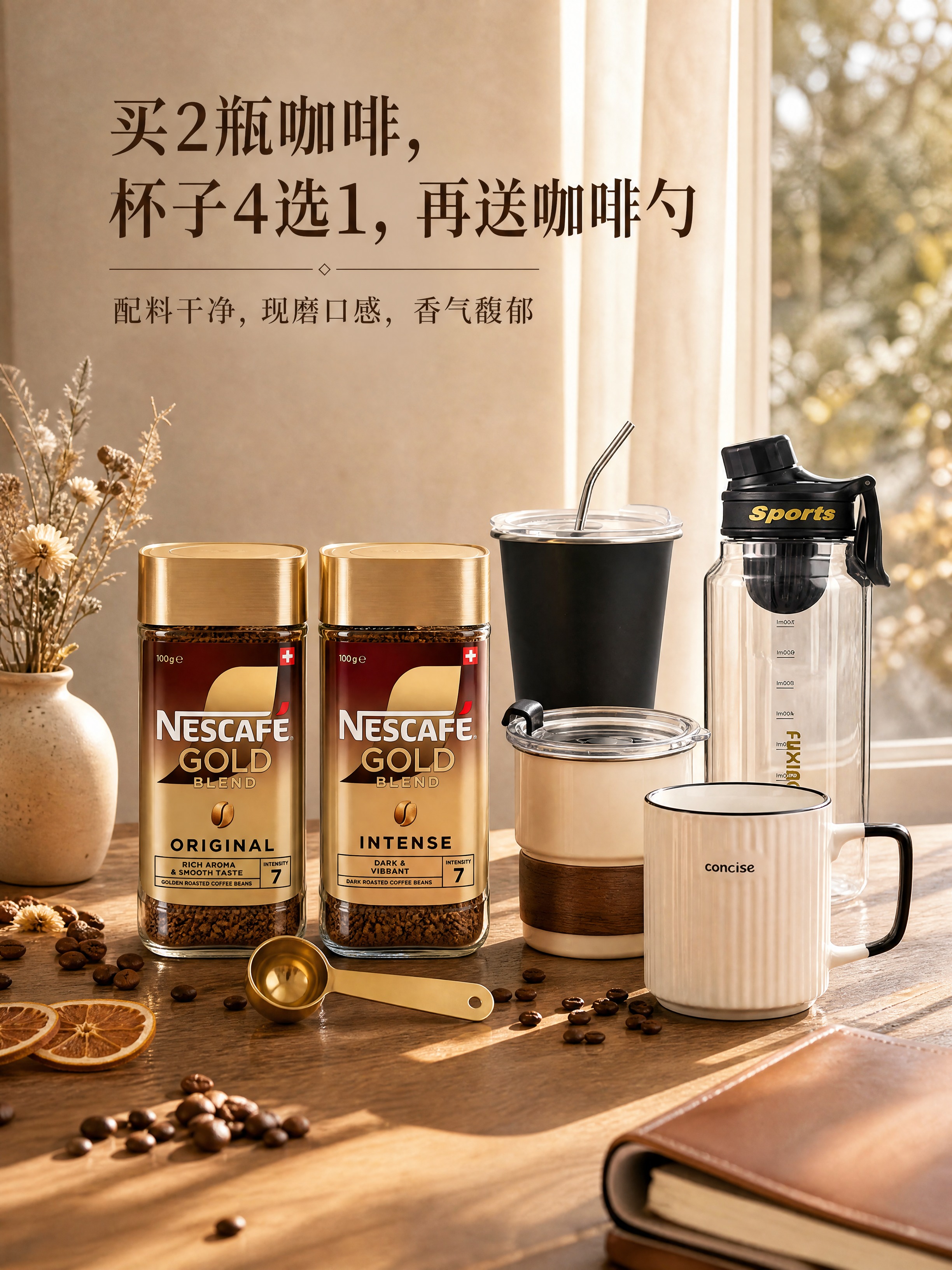 超写实美食产品摄影，ins风咖啡桌面场景。 主体：2瓶雀巢金牌… - 图片创意预览
