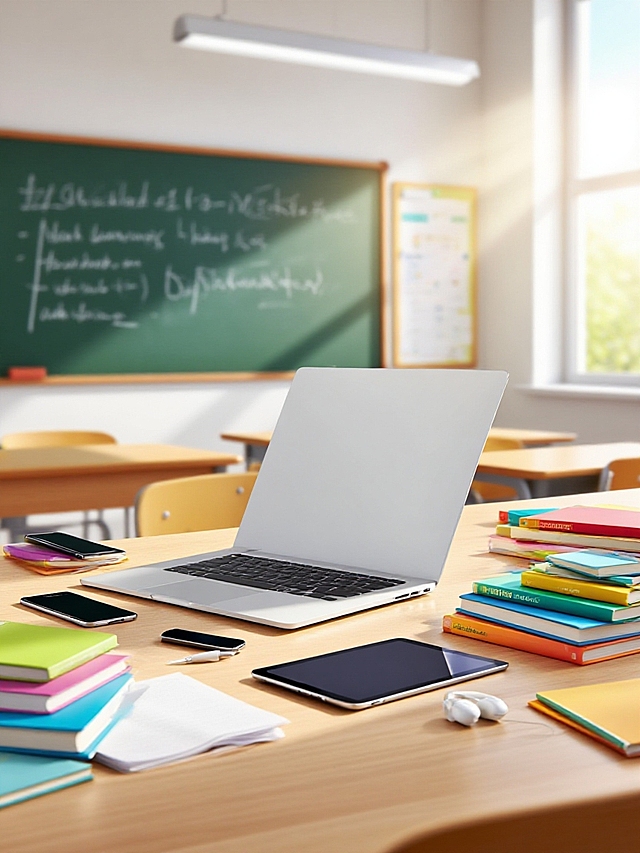 现代简约教室，科技设备与书籍交织，清新自然光营造清爽实景感。