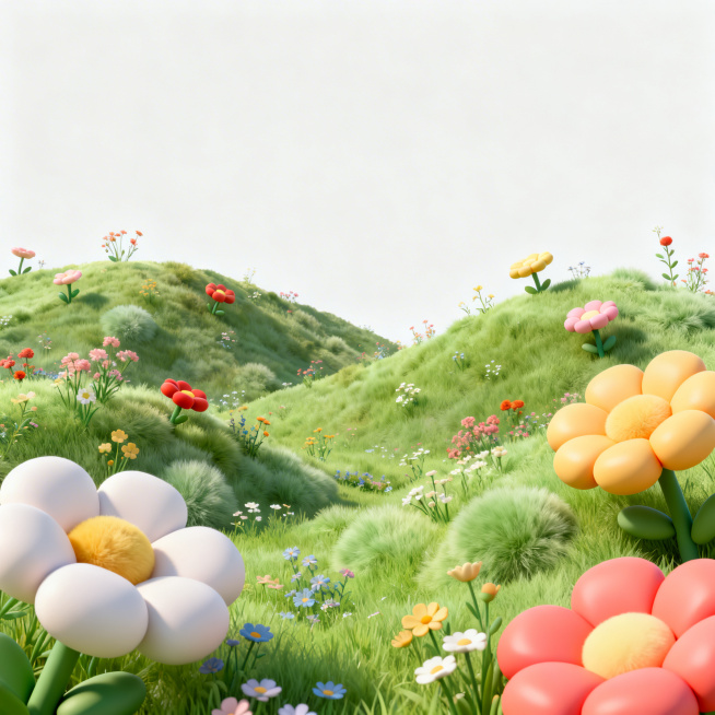 C4D风格，3D膨胀的花朵与毛绒质感的花草，满山遍野，色彩对比强烈又柔和，夏日清新感，色调干净清爽，极简构图与留白设计，品牌海报排版，治愈心情氛围，C4D磨砂材质，超现实主义绘画风格，超高清8K细节预览效果