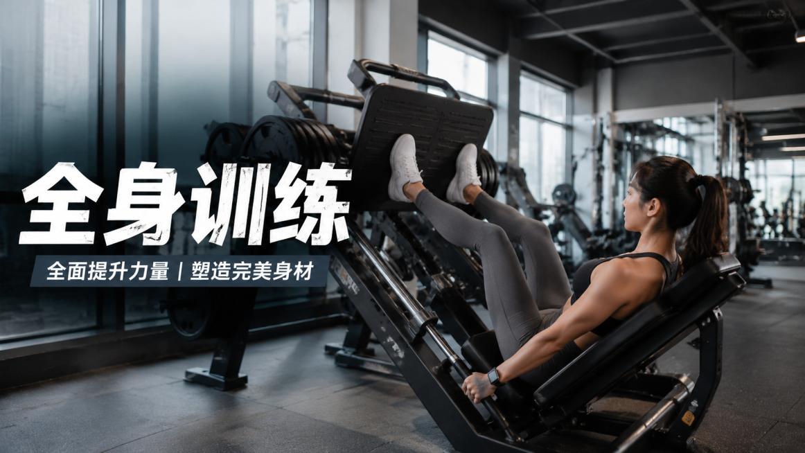 横向长方形真人图片，主题为"全身力量训练"，健身者使用专业器械训练，现代健身房场景，自然光线，真实人像摄影，画面添加文字"全身训练"预览效果