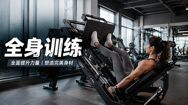 横向长方形真人图片，主题为"全身力量训练"，健身者使用专业器械训练，现代健身房场景，自然光线，真实人像摄影，画面添加文字"全身训练"