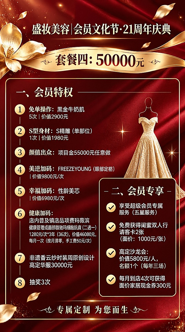 参考图的版式、红金配色、金色花朵、金色礼服、丝绸质感背景、金色边框等视觉风格全部保留，不要使用参考图里的任何文字，替换为以下完整准确的文字内容，所有文字清晰可辨认、无错误，矢量风格海报：

顶部大标题：盛妆美容｜会员文化节·21周年庆典

套餐四：50000元

一、会员特权
1. 免单操作：黑金牛奶肌 5次｜价值2900元
2. S型身材：S精雕（单部位）1次｜价值1980元
3. 颜值出众：项目金55000元任意做
4. 美逆加码：FREEZEYOUNG（眼部定格）｜价值9800元/次
5. 幸福加码：性龄美芯｜价值6980元/次
6. 健康加码：店内普及镇店品项费玛薇滨健康管理或面部微驰玛细胞抗衰（二选一）1280元/次*3年（36次），价值46080元，每月一次（按月清零，手工费50元/次）
7. 非遗香云纱时装周原创设计高定华服30000元
8. 抽奖3次

二、会员专享
✅享受超级会员专属服务（五星服务）
✅免费获得闺蜜双人行请客卡2张（面价：1000元/张）
✅高定沙龙会：价值5800元/人，名额1个（每年三场）
✅每月到店4次可获得面价家居现金券300元

底部：专属定制 为您而生