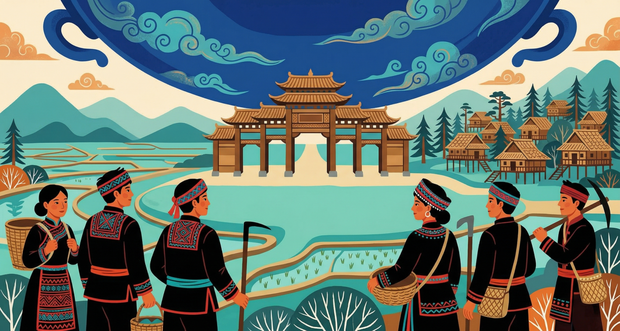 拉祜族史诗绘本插画，扁平化平涂风格，强轮廓线，明快民族配色，平视近景，人少，拉祜族人来到阿沃阿戈东肥沃的坝子，这里坝子平如手掌，天空似锅底，拉祜族在这里建了九道门的大寨，云南山地田园风光，祥和宁静，装预览效果
