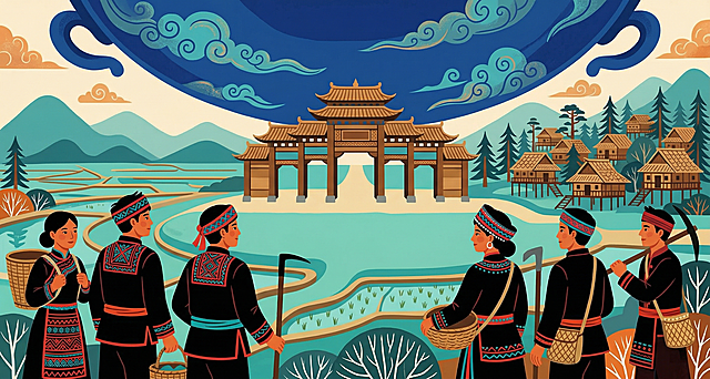 拉祜族史诗绘本插画，扁平化平涂风格，强轮廓线，明快民族配色，平视近景，人少，拉祜族人来到阿沃阿戈东肥沃的坝子，这里坝子平如手掌，天空似锅底，拉祜族在这里建了九道门的大寨，云南山地田园风光，祥和宁静，装饰性强，无大纵深，参考上传图片的风格