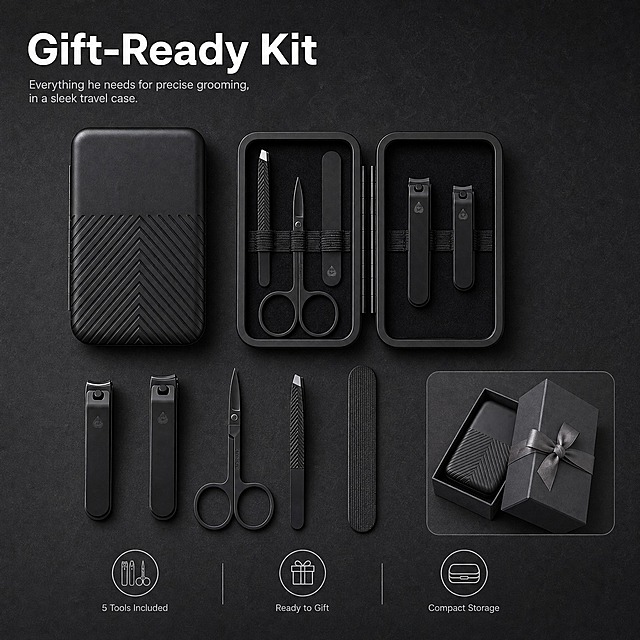 [主图-6] 商品名称 5-Piece Men's Precision Nail Care Travel Kit —— 主题：正上方 Knolling 平铺全家福，展示完整交付内容与礼赠属性。
[统一基调] 深色高级男士理容风：深石墨灰 #1D1F22 到炭黑渐变背景、冷调影棚环境；主标题纯白 #FFFFFF 大号粗体，辅助文字浅灰 #C9CDD2 且缩小 50% 以上，强调色冷银灰 #9EA6AE 仅用于细线与小图标；全套统一一款干净几何无衬线字体（标题粗、说明常规），仅允许字号层级变化；证据组件统一为细线引线 + 10% 白色半透明深灰卡片 + 线性图标，无装饰边框、无厚重色块底板、无通栏。
[画面] 正俯视视角，深石墨灰磨砂台面，五件黑色工具与盒体按规整网格分离平铺：指甲钳、斜口趾甲钳、弧形美甲剪、镊子、指甲锉横向等距排列，打开的盒盖与盒底并排置于网格上方，每件物品间距一致、方向统一、完整可见、无重叠无穿模；画面为满版大图，左上留白放置主标题；右下角嵌一个小圆角交付小窗，展示盒体装入深灰礼品盒并系细灰织带；下方三枚线性图标配浅灰小字 5 Tools Included、Ready to Gift、Compact Storage；画面不出现 SKU 字样，不叠加其他卖点，保持产品黑色哑光金属与罗纹纹理一致。
[光影质感] 顶部柔光箱均匀布光，每件物品下方有独立柔和接触阴影，磨砂台面低反光，金属边缘有细致冷银高光，整体干净通透。
[配色] 深石墨灰背景加白色与浅灰文字加冷银灰细线，小窗内保持同色系低饱和礼盒色。
[文字版式] 沿用统一字体，主标题 Gift-Ready Kit 最大最粗置于左上负空间，三枚图标小字缩小 50% 以上、横排、无逗号、不遮挡产品。
[输出要求] 1:1 正方形，全家福完整不缺件、排列整齐；负向：错位杂乱、重叠穿模、形状变形、缺件、变形、错字、水印、平台 Logo、中文。