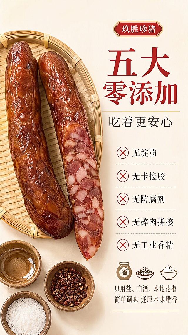 [第5张] 详情页零添加品质保障屏-玖胜珍猪五大零添加安心承诺。本张使用【图2】【图6】作为腊肠产品主体参考。
[氛围/风格] 干净高级静物棚拍风格，简约浅米色背景，分栏文字排版，高清切面纹理，品质感十足。
[元素布局] 画面左侧竹簸箕上摆放两根完整的玖胜珍猪腊肠，其中一根对半切开，露出内里紧实的肉粒和清晰的肥瘦纹理，腊肠外观与输入产品图一致；旁边摆放三个小陶碗，分别装着白酒、花椒、食盐三种简单调味料；产品与调料占画面约50%，右侧留白放置文字信息。
[光影质感] 柔和棚拍顶光，腊肠切面纹理清晰，油润通透，陶碗表面有自然高光，整体干净明亮。
[配色色系] 全局底色 #F7F2E8 浅米色；主色棕红腊肠、陶土色碗；辅助色深褐花椒、乳白食盐。
[视角构图] 俯视构图，产品居左，文字居右，阅读动线从右上标题 → 右中零添加列表 → 左侧产品展示。
[文字版式] 右侧文字区，主标题「五大零添加」，副标题「吃着更安心」；下方五个红叉标识的零添加项「无淀粉」「无卡拉胶」「无防腐剂」「无碎肉拼接」「无工业香精」；底部小字说明「只用盐、白酒、本地花椒简单调味 还原本味腊香」；宋体字形，主标题字色深红，正文深灰；配简约调料图标；文字不遮挡产品。
[比例分辨率] 9:16 竖版比例，4K分辨率，文字清晰可辨，高清画质。
[负向提示词] 科技调料瓶、花花绿绿添加剂包装、杂乱道具、腊肠变形、切面发黏、水印、文字错乱。