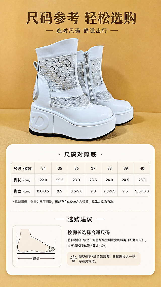 [第8屏] 尺码参数与选购说明，使用【图1】作为顶部展示。下半部分做尺码表卡片，列出常规尺码范围，给出「按脚长选择合适尺码」选购建议，靴子保留原图结构颜色。顶部标题「尺码参考 轻松选购」，9:16竖版，4K分辨率。负向提示：表格错乱，文字模糊，产品变形。