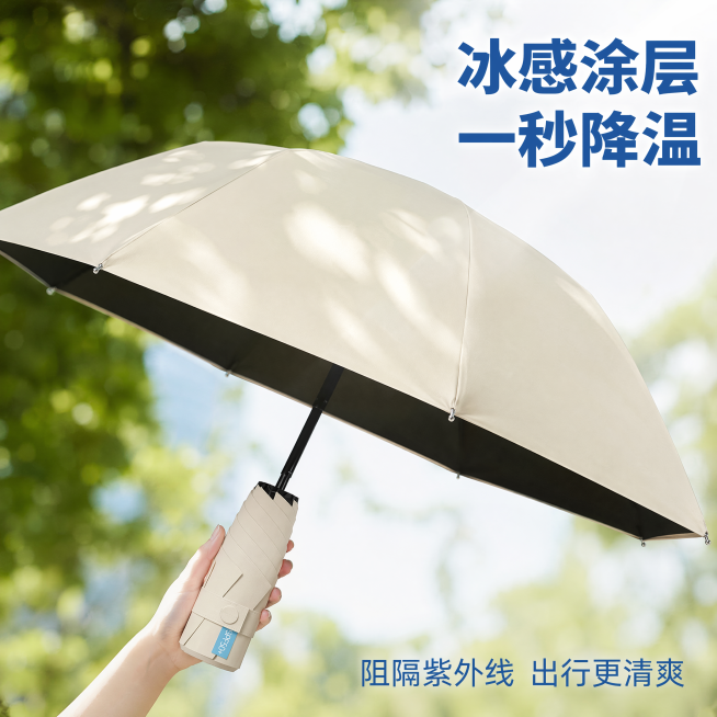 「图片1」，生成一套主图（5张），商品名称是防晒小冰伞，卖点是环扣挂钩手柄，高颜值纯色，UPF50+防晒，秒降温/冰感涂层，风格是功能美学 / 户外极简，适配抖音平台，主图比例为1:1预览效果