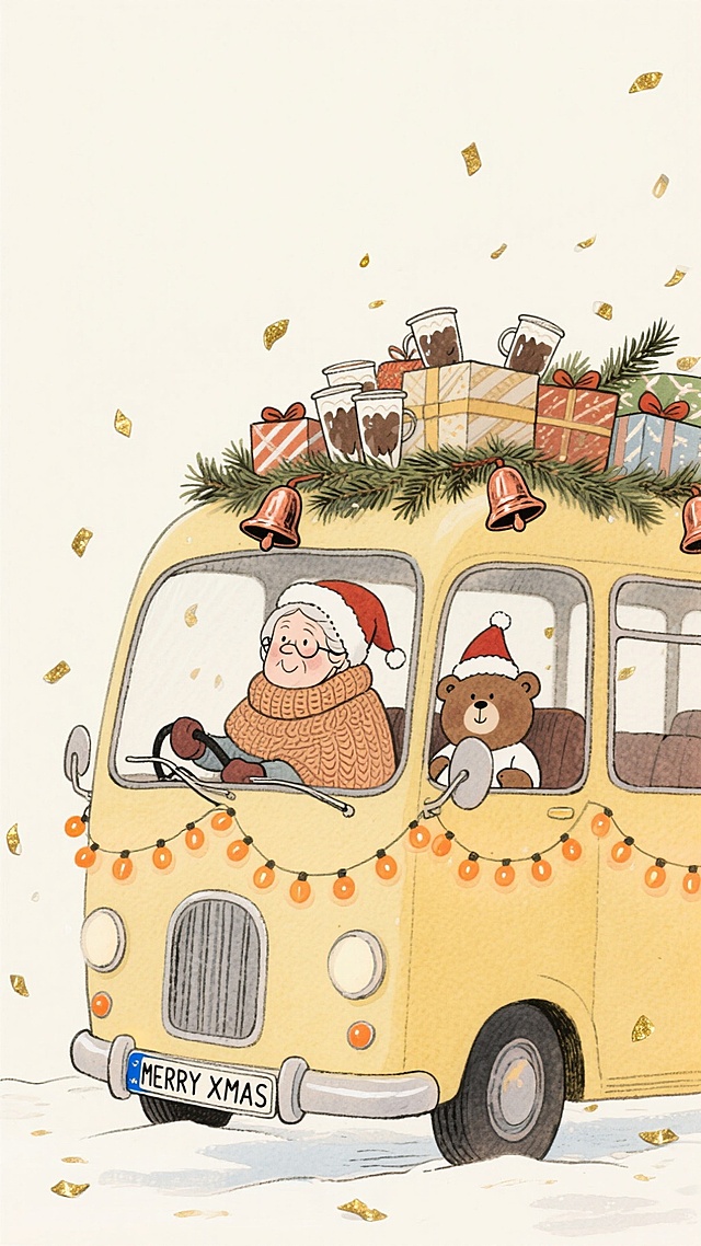 水彩风插画，拟人化老人与小熊共乘圣诞巴士，车顶满载礼物与松枝，暖黄灯光与金箔飘洒，营造温馨喜庆的节日氛围。