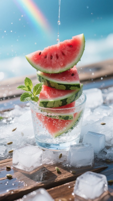 俯视构图，夏日午后阳光透过冰镇玻璃杯形成的棱镜折射，将彩虹光斑洒在铺满冰块的原木桌面上，中央堆叠着五块棱角分明的冰镇西瓜切片，最上方那块的深红色果肉正滴落水珠，与杯壁凝结的水珠共同坠入下方盛满气泡水的玻璃杯，杯口漂浮着三片卷曲的薄荷叶，背景是渐变的海蓝与冰白，空气中悬浮着细小的水汽颗粒和融化的冰晶，西瓜籽以不经意的韵律散落在冰块缝隙中，整体色调呈现出冰爽的蓝白基底与热烈的西瓜红碰撞，传递出冰镇……预览效果