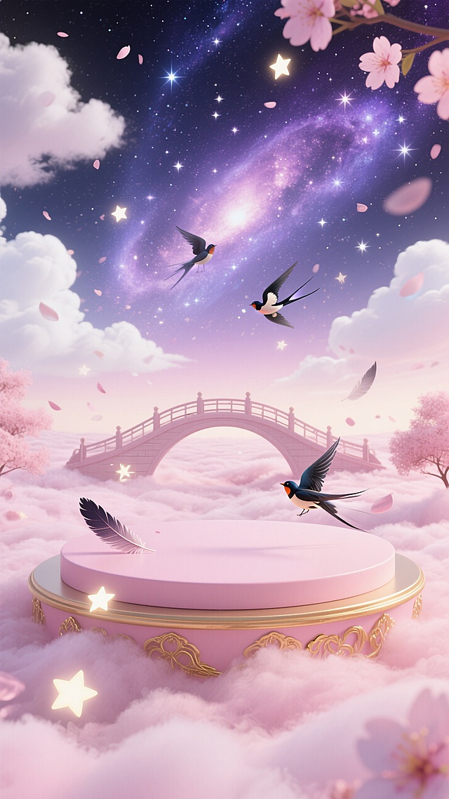 七夕，梦幻插画风，虚拟现实与超现实主义结合，云海星河，飞鸟桥影，营造浪漫仙境。