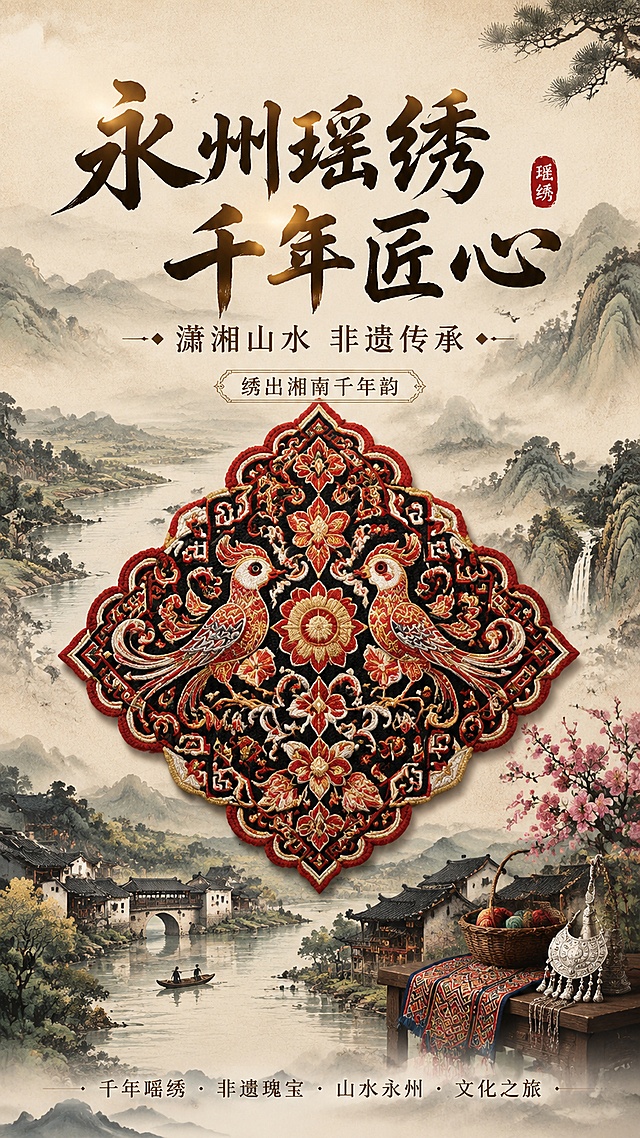 唯美国风写意画风，9:16竖版永州非遗文旅宣传海报，严格1080×1920px，RGB屏幕色彩模式，高清JPG输出，单文件≤8MB，画面纯净无水印、无第三方logo。色调清雅古韵，光影柔和通透，画面虚实交融层次清晰立体。背景为层叠雾渺的潇湘山水、蜿蜒绵长的湘江水系、古朴静谧的湘南古村落，尽显永州千年潇湘人文古韵。画面以江华瑶绣传统纹样为唯一核心主视觉，图腾细节精致纹理立体饱满，突出永州特色非遗文化内核。主标题“永州瑶绣 千年匠心”使用大气国风书法字体，副标题“潇湘山水 非遗传承”，辅助文案“绣出湘南千年韵”，字体统一适配新中式国风调性，排版规整舒适主次分明。整体聚焦非遗文化传承，凸显永州深厚历史地域底蕴，质感高级耐看，适配社交传播，兼具文化宣传与旅游引流双重功能，版式精美