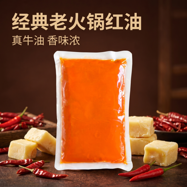 [主图 1] 经典老火锅红油产品首图。[氛围风格] 浓郁食欲棕色风格，真实有食欲的美食摄影风格。[画质] 商业摄影质感、光线柔和通透、产品清晰真实、画面干净高级。[元素] 袋装经典老火锅红油居中展示，预览效果