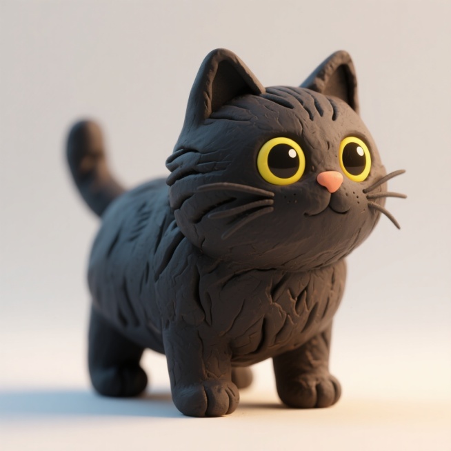 一只黑色的猫，3D粘土风格，身体圆润，四肢短小，眼睛圆润明亮，毛发呈现粘土质感，细节丰富，光影柔和，背景简洁预览效果