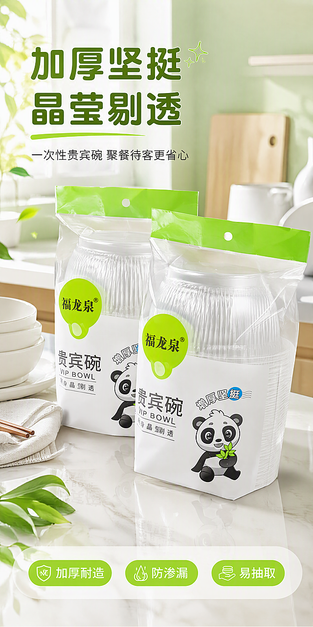 [第1张] 详情页头图主视觉-福龙泉贵宾碗一次性塑碗新品宣传海报。本张使用【图1】双包产品作为商品主体。
[氛围/风格] 清新洁净餐厨风，嫩绿+白色主调，商业摄影质感，通透干净，天猫京东通用高端感。
[元素布局] 两包贵宾碗产品置于画面中右侧，占比约60%，一前一后错落摆放；背景为现代简约厨房台面，左侧有浅色餐具、绿植叶片、白色餐巾点缀；台面有柔和倒影，产品包装的熊猫图案、绿色封口、透明碗身纹理与输入图一致，碗身晶莹剔透质感突出。
[光影质感] 左上方柔和自然光，右侧辅光补亮，碗身有通透高光，底部自然投影，整体明亮洁净。
[配色色系] 全局底色 #F7FFF5 浅嫩绿渐变；主色嫩绿 #7ED321；辅助色白色、浅木色台面。
[视角构图] 正面微俯视45°，产品为视觉中心，阅读动线左上标题 → 中部产品 → 底部信息条。
[文字版式] 左上大标题区 + 右侧产品 + 底部信息条。主标题「加厚坚挺 晶莹剔透」，副标题「一次性贵宾碗 聚餐待客更省心」，黑体圆角字形；底部信息条含三个卖点标签「加厚耐造」「防渗漏」「易抽取」，嫩绿胶囊底白字；文字不遮挡产品主体。
[比例分辨率] 宽1000px 高2000px，1:2竖版比例，4K分辨率，文字清晰可辨，高清画质。
[负向提示词] 产品变形，包装文字错乱，颜色偏差，水印，二维码，条形码，具体参数，极限词，文字过小，背景杂乱。