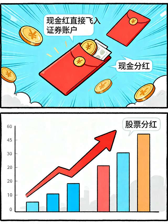 上下分屏漫画，上屏画现金红包直接飞入证券账户，标注文字"现金分红"；下屏画股票数量增加，标注文字"股票分红"，画面直观清晰，线条简洁明快，色彩清新，日系手绘风格