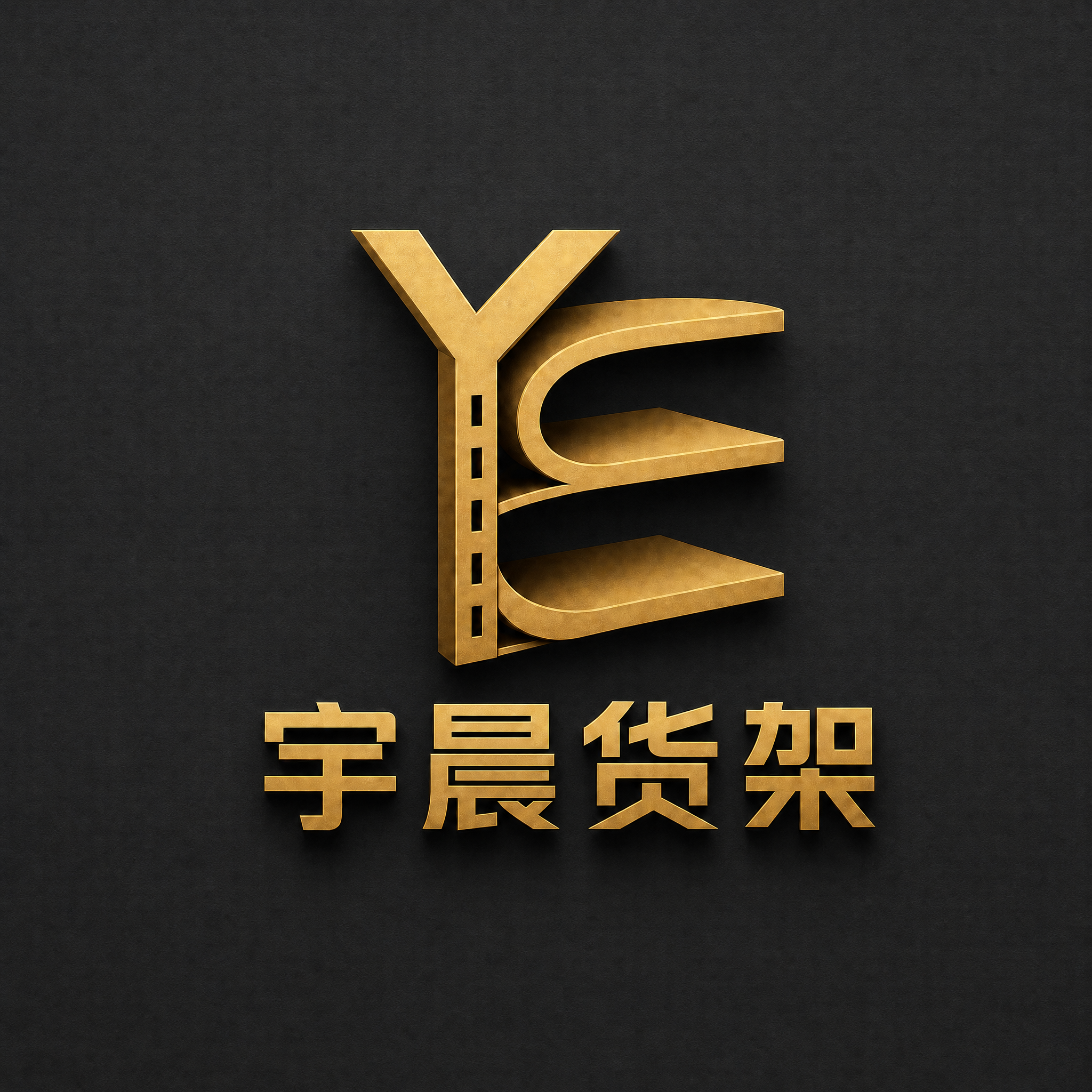 将背景改为深灰色（炭灰色），金色YC货架图形和"宇晨货架"文字… - 图片创意预览