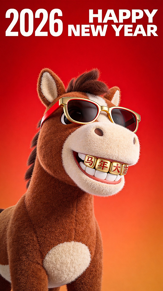3D卡通马戴金框墨镜，鎏金牙套“马年大吉”，毛发生长细节逼真，喜庆红橙渐变背景，拟人风贺岁海报。