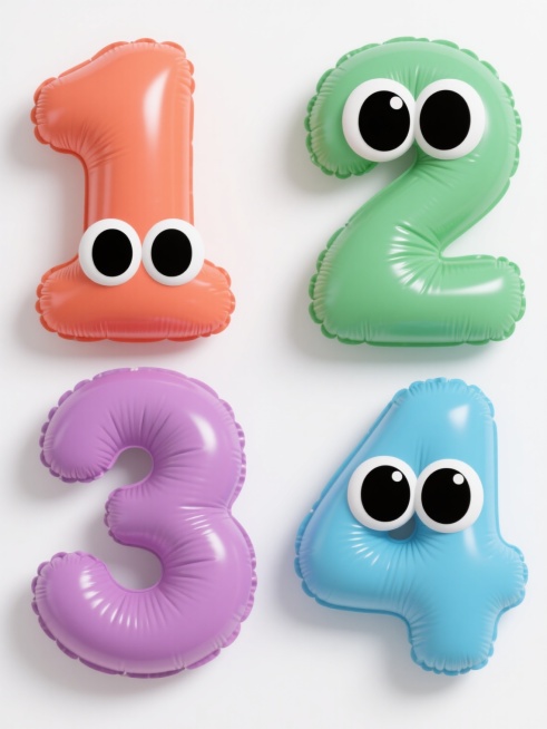 4个不同配色的充气数字“1”、“2”、“3”、“4”规整排布，采用膨胀效果的艺术字设计，字体圆润饱满，呈现光滑且富有光泽的充气玩具材质，表面带有自然的充气褶皱，立体感强烈，每个数字都有一对黑白分明的卡通大眼睛，置于纯白色背景上。预览效果