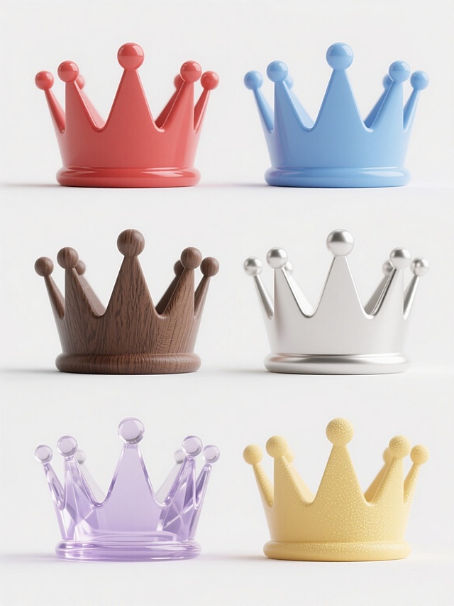6个完全相同造型的皇冠图标规整排布组成系列素材集合，每个皇冠保持原有的五尖顶带圆珠造型，分别呈现6种完全不同的材质与整体色彩：1. 哑光质感的鲜红色陶瓷皇冠，2. 光滑亮面的天蓝色塑料皇冠，3. 带有粗糙纹理的深棕色木质皇冠，4. 磨砂质感的银白色金属皇冠，5. 半透明光泽的淡紫色水晶皇冠，6. 带有细微颗粒感的嫩黄色橡胶皇冠，所有皇冠均置于纯白色纯色背景上，整体构图简洁规整，突出不同材质的质感对比与色彩变化。