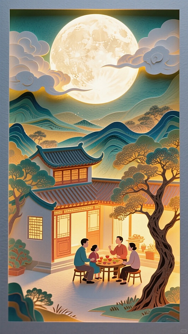 一轮皎洁的圆月，周围有一些薄云围绕，底部以工笔风格呈现出全景中式庭院中家人围坐着聊天，周围有屋里透出光亮，月光洒在庭院里，庭院还有一棵歪脖大树，突显中秋家人团聚的温馨氛围，千里江山图的配色